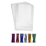 200 Clear Treat Bags 6x9 with 4" Twist Ties 6 Mix Colors - Thick OPP Plastic Cello Bags for Wedding...
