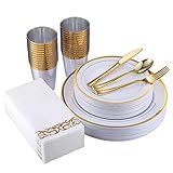 175 Piece Gold Dinnerware Set 25 Guest-50 Gold Rim Plastic Plates-25 Gold Plastic Silverware-25 Gold...